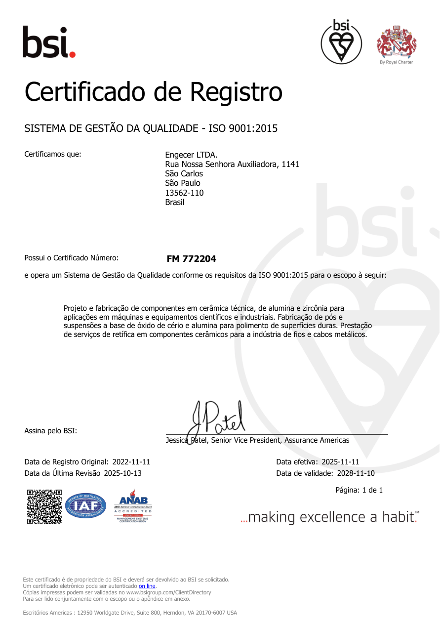 Certificado ISO 9001:2015 da Engecer, válido até 2028
